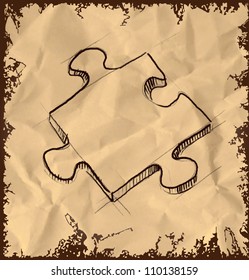 Puzzle piece icon isolated on vintage background. Hand drawing sketch vector illustration