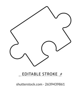 Puzzle piece icon in line style with editable stroke. Flat vector outline symbol for child development, motor skills, learning games, logic training, educational content and toy design. learning.
