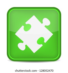 Puzzle piece icon on square green button. Vector illustration