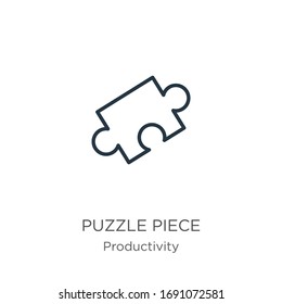 Puzzle piece icon. Thin linear puzzle piece outline icon isolated on white background from productivity collection. Line vector sign, symbol for web and mobile