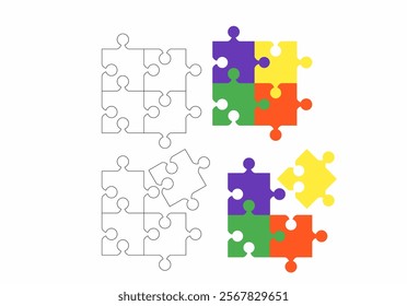 Puzzle piece icons in colorful and black-and-white variations, showing connected and separated layouts. Ideal for teamwork, collaboration, and education themes