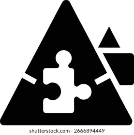 Pieza del rompecabezas dentro de un símbolo del triángulo de la advertencia, aislado en el fondo blanco
