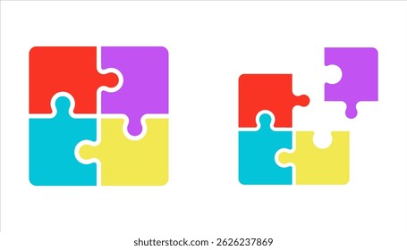 Peça de quebra-cabeça. Quebra-cabeça em design diferente. Símbolo de trabalho em equipe. Logotipo do vetor de quebra- cabeça