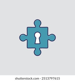 Puzzle piece keyhole security concept. A blue puzzle piece with a white keyhole in the center, symbolizing the solution to security issues.