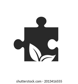 Puzzleteil mit Blatt. Ökolösungen-Symbol. Umweltfreundliches, ökologisches und ökologisches Symbol. einzelne Vektorgrafik im Flachstil