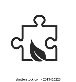 pieza de rompecabezas con icono de línea de hoja. soluciones ecológicas, ecológicas y ecológicas. imagen vectorial aislada
