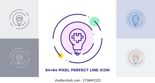 Puzzle piece in light bulb. Solution - minimal line art web icon. Simple vector illustration. Concept for infographic, website or app.
