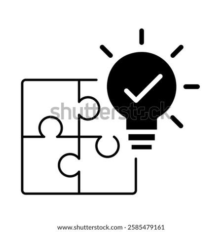 Puzzle piece and lightbulb icon. Solution finding, problem identification, creativity, decision making. Vector illustration.