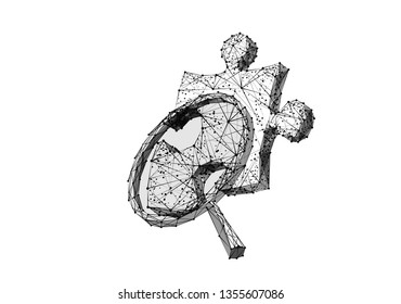 Puzzle piece and magnifying isolated from low poly wireframe on white background. Business and technology. Vector abstract polygonal image mash line and point. Black digital  vector image.