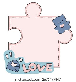 Bloc de notas de la pieza del rompecabezas con el oso y la decoración de la etiqueta engomada del amor