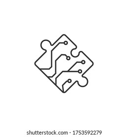 Puzzle piece with microchip. Monogram icon. technology concept vector for identity corporate or company symbol. Creative brand. Modern template. Chip symbol, game graphic line logo. solution design. 