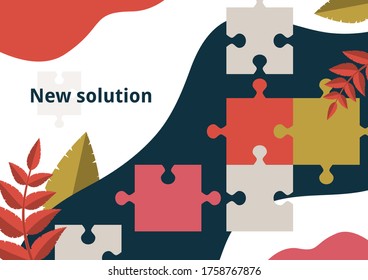 Pieza de rompecabezas sobre un fondo brillante con hojas. El concepto de trabajo en equipo, cooperación, búsqueda de una solución. Ilustración vectorial para el diseño empresarial.