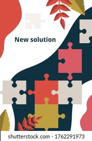 Puzzle piece on a bright background with leaves. The concept of teamwork, cooperation, finding a solution. Vector illustration for business design.
