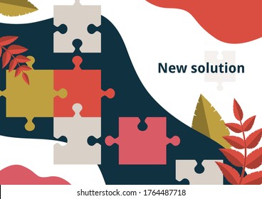 Pieza de rompecabezas sobre un fondo brillante con hojas. El concepto de trabajo en equipo, cooperación, búsqueda de una solución. Ilustración vectorial para el diseño empresarial.