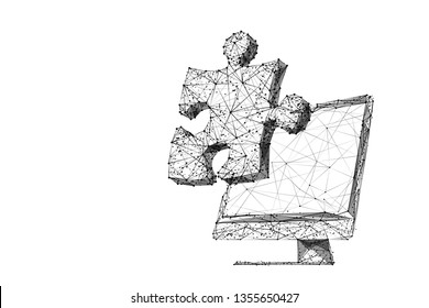 Puzzle piece on pc monitor screen isolated from low poly wireframe on white background. Business and technology. Vector abstract polygonal image mash line and point. Black digital  vector image.