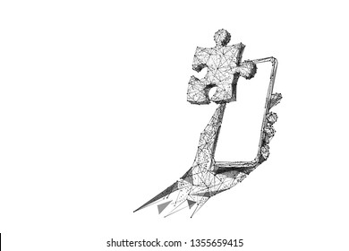 Puzzle piece on smartphone screen isolated from low poly wireframe on white background. Business and technology. Vector abstract polygonal image mash line and point. Black digital  vector image.