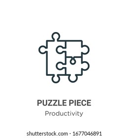 Icono vectorial de contorno de la pieza del rompecabezas. Icono de la pieza de puzzle en línea delgada, ilustración de elemento simple vector plano del concepto de productividad editable trazo aislado en fondo blanco