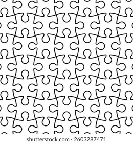 Puzzle piece pattern. Black outline texture. Interlocking background design. Vector seamless backdrop.