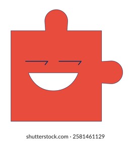 Puzzle piece with playful face 2D cartoon object. Psychology personality. Flirting teasing. Facial expression jigsaw isolated element flat vector clipart on white background. Spot illustration