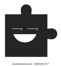 Puzzle piece with playful face black and white 2D line object. Psychology personality. Flirting teasing. Facial expression jigsaw isolated clip art vector outline item. Monochromatic spot illustration