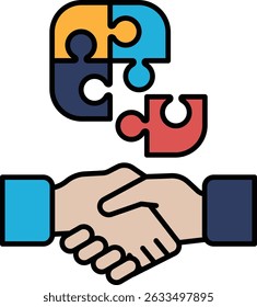 A puzzle piece is shown with a handshake in the middle. The puzzle piece represents the idea of putting together different pieces to create a whole. Concept of unity and collaboration