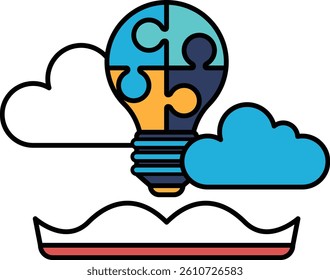 A puzzle piece is shown with a light bulb in the middle. The light bulb is surrounded by a cloud and a book. Concept of creativity and inspiration, as the light bulb represents a spark of ideas