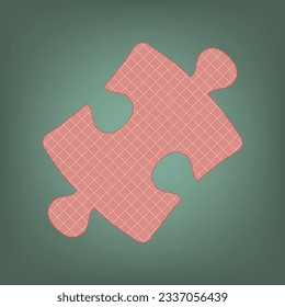 Puzzle piece sign. Apricot Icon with Brick Red parquet floor graphic pattern on a Ebony background. Feldgrau. Green. Illustration.