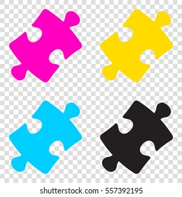 Puzzle piece sign. CMYK icons on transparent background. Cyan, magenta, yellow, key, black.