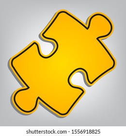 Puzzle piece sign. Flat orange icon with overlapping linear black icon with gray shadow at whitish background. Illustration.