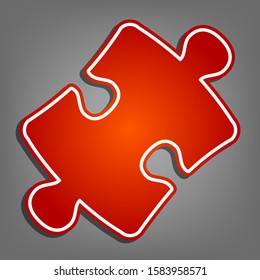Puzzle piece sign. Flat red icon with linear white icon with gray shadow at grayish background. Illustration.