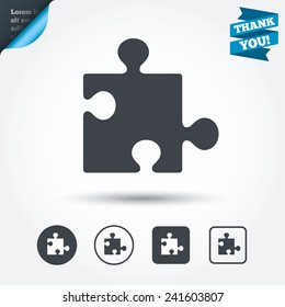 Puzzle piece sign icon. Strategy symbol. Circle and square buttons. Flat design set. Thank you ribbon. Vector