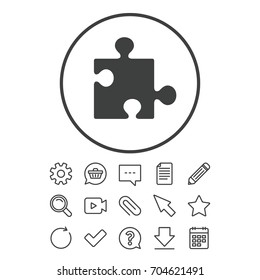 Puzzle piece sign icon. Strategy symbol. Document, Chat and Paper clip line signs. Question, Pencil and Calendar line icons. Star, Download and Shopping cart. Vector