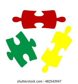 Puzzle piece sign. Isometric style of red, green and yellow icon.