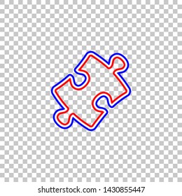 Puzzle piece sign. Red, white and contour icon at transparent background. Illustration.