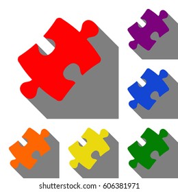 Puzzle piece sign. Set of red, orange, yellow, green, blue and violet icons at white background with flat shadow.