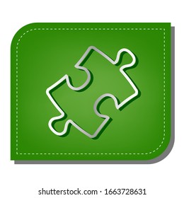 Puzzle piece sign. Silver gradient line icon with dark green shadow at ecological patched green leaf. Illustration.