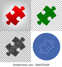 Puzzle piece sign. Vector. 4 styles. Red gradient in radial lighted background, green flat and gray scribble icons on transparent and linear one in blue circle.