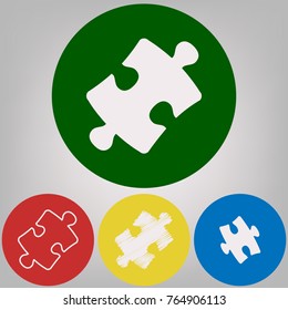 Puzzle piece sign. Vector. 4 white styles of icon at 4 colored circles on light gray background.
