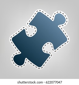Puzzle piece sign. Vector. Blue icon with outline for cutting out at gray background.