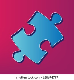Puzzle piece sign. Vector. Blue 3d printed icon on magenta background.
