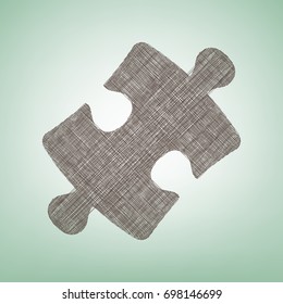 Puzzle piece sign. Vector. Brown flax icon on green background with light spot at the center.