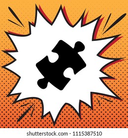 Puzzle piece sign. Vector. Comics style icon on pop-art background.