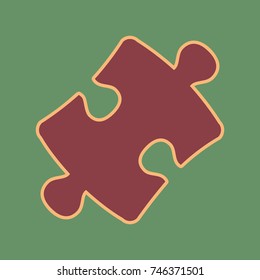 Puzzle piece sign. Vector. Cordovan icon and mellow apricot halo with light khaki filled space at russian green background.