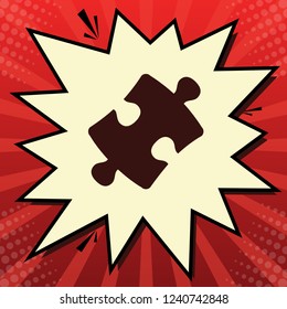 Puzzle piece sign. Vector. Dark red icon in lemon chiffon shutter bubble at red popart background with rays.