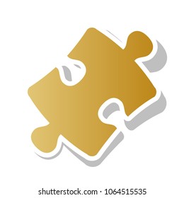 Puzzle piece sign. Vector. Golden gradient icon with white contour and rotated gray shadow at white background.