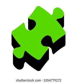 Puzzle piece sign. Vector. Green 3d icon with black side on white background. Isolated.