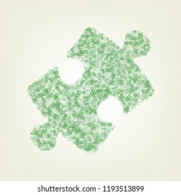 Puzzle piece sign. Vector. Green hexagon rastered icon and noised opacity and size at light green background with central light.
