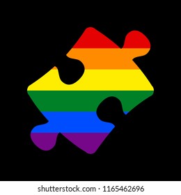 Puzzle piece sign. Vector. Icon with colors of LGBT flag at black background.