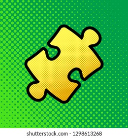 Puzzle piece sign. Vector. Pop art orange to yellow dots-gradient icon with black contour at greenish background.