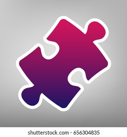 Puzzle piece sign. Vector. Purple gradient icon on white paper at gray background.